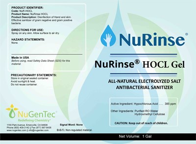 Nurinse Hocl Gel Front (Hocl Gel Label 1 Gal 8.5x6.5  Fda Sm)